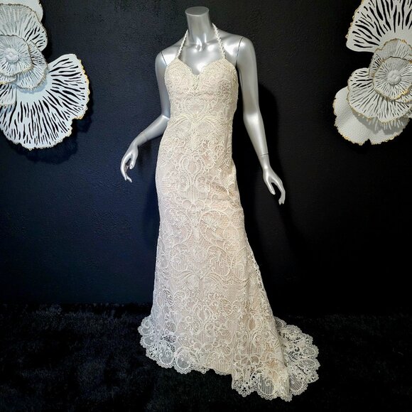 NWT~$935~MONCHERI~6/8~IVORY EMBROIDERED LACE BEADED FIT & FLARE WEDDING DRESS - Picture 9 of 16